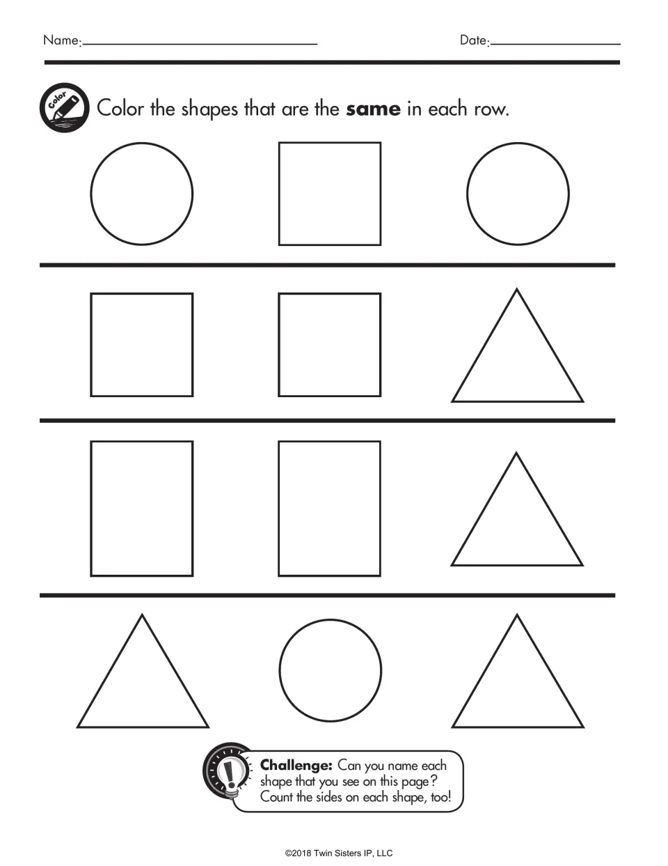 Same shapes: students color the matching circles, squares, rectangles or triangles in each row, then count the sides