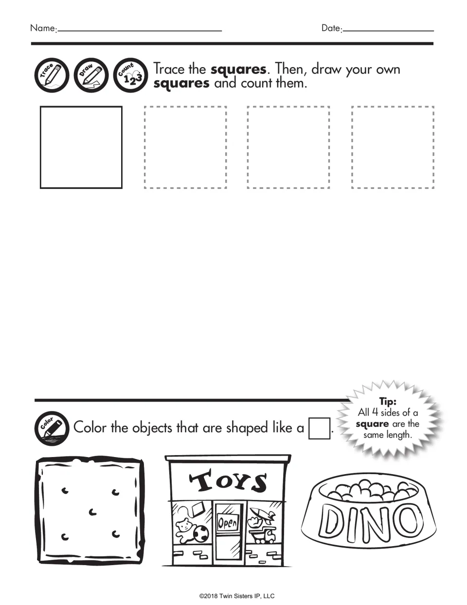 Squares: students trace squares, draw and count their own, then color square objects like a cracker and toy store