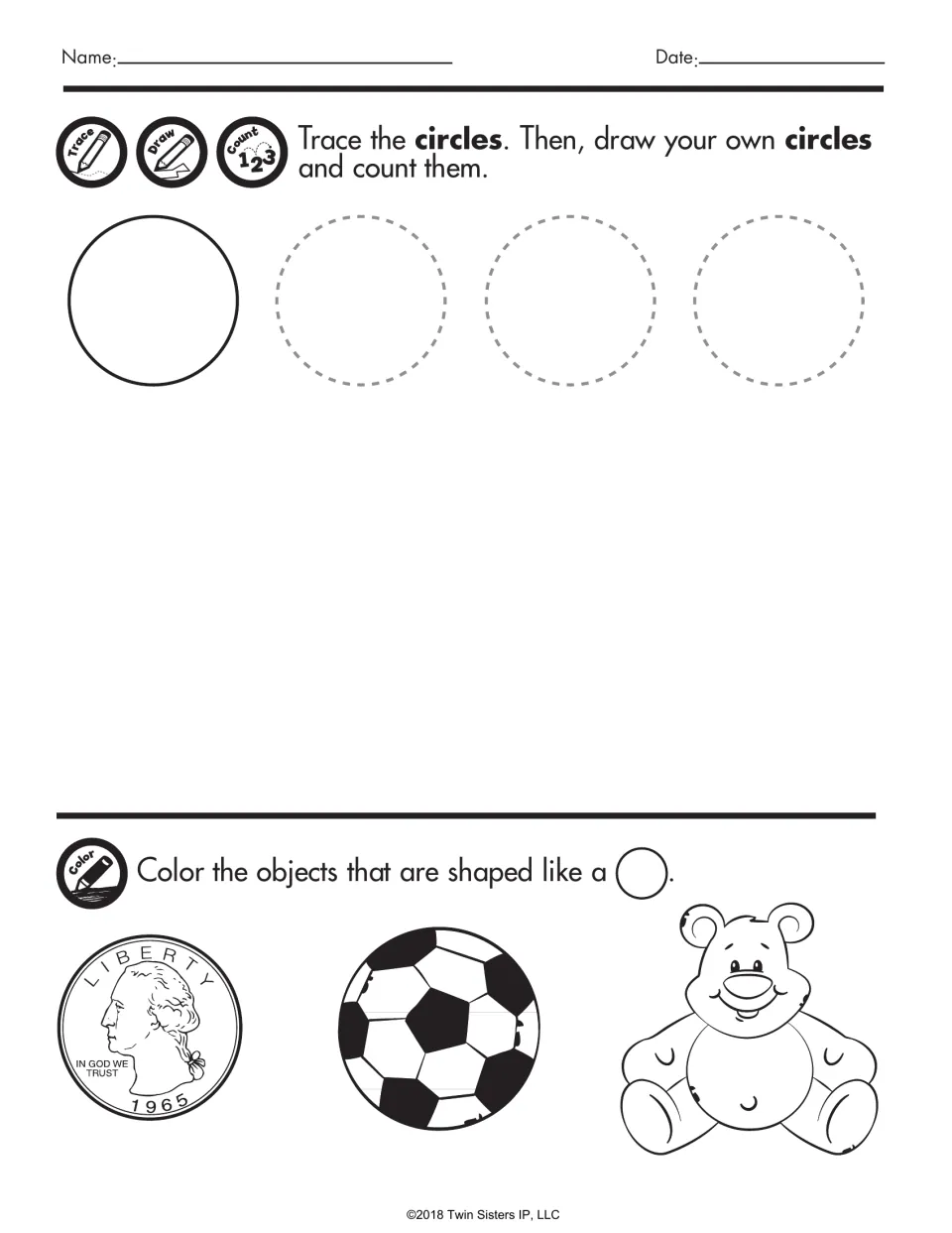 Circles: students trace and draw circles, count them, then color circle objects among a coin, ball and teddy bear