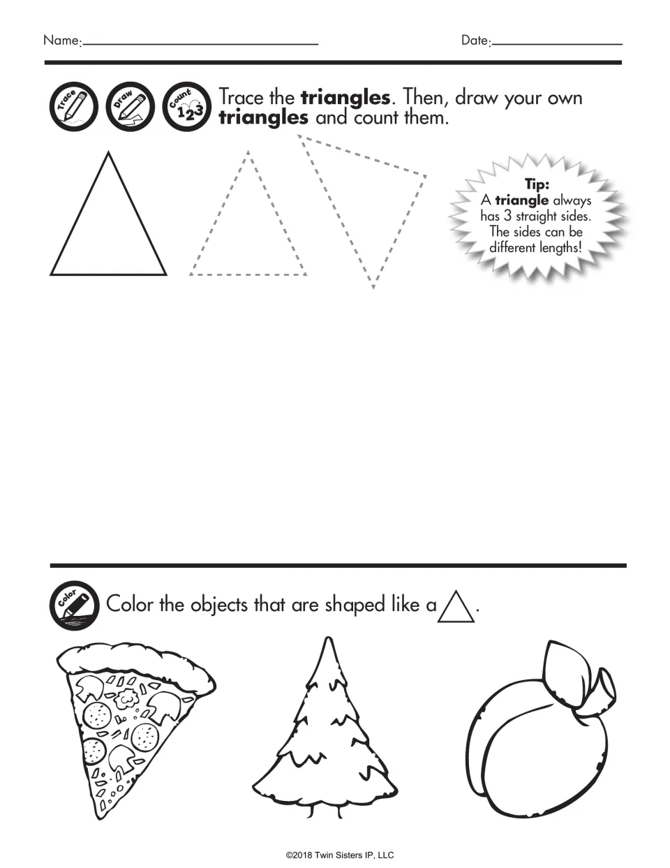 Triangles: students trace and draw triangles, count them, then color triangle objects among a pizza slice, tree and fruit