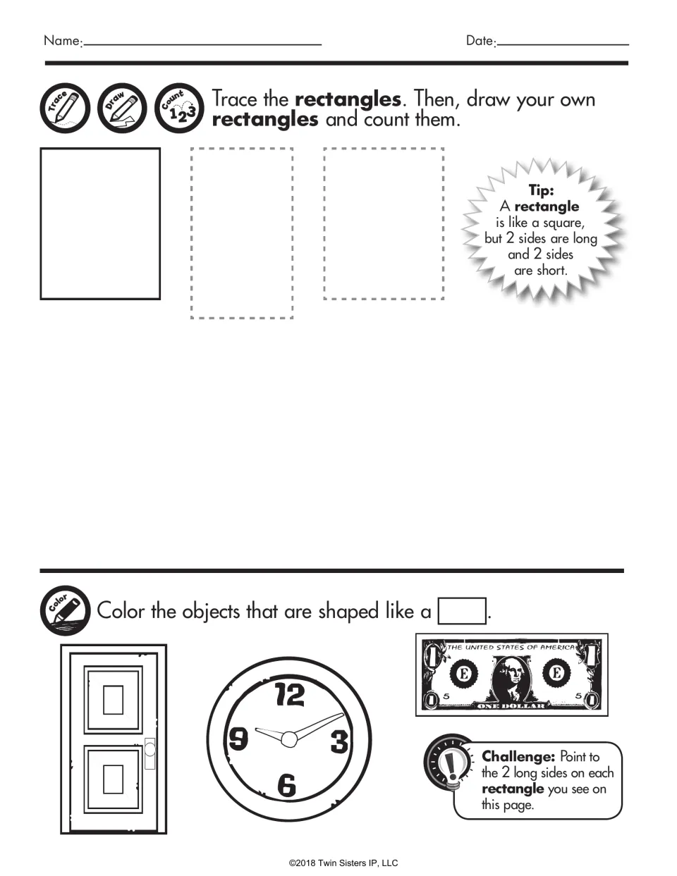 Rectangles: students trace, draw and count rectangles, then color rectangle objects among a door, clock and dollar bill