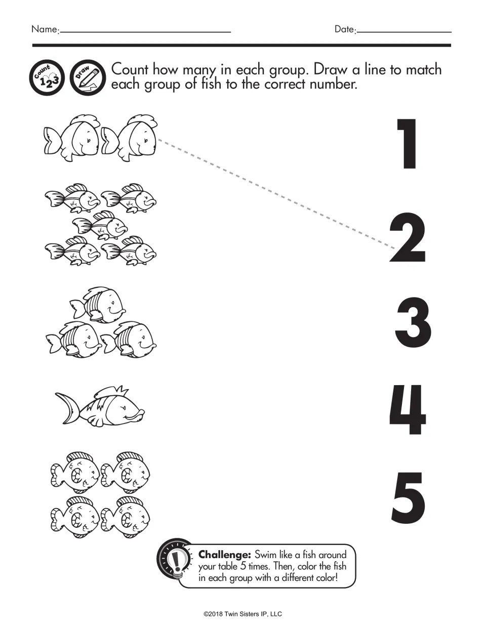 Counting fish 1 to 5: students count each group of fish and draw a line to match it to the numeral, plus a swim challenge