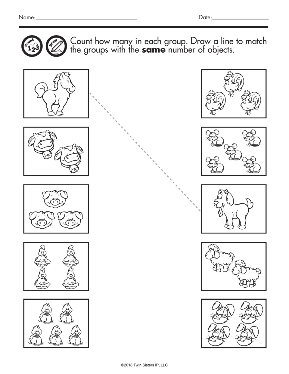 Farm animal matching: students count animals in each group and draw lines to join groups with the same number of objects