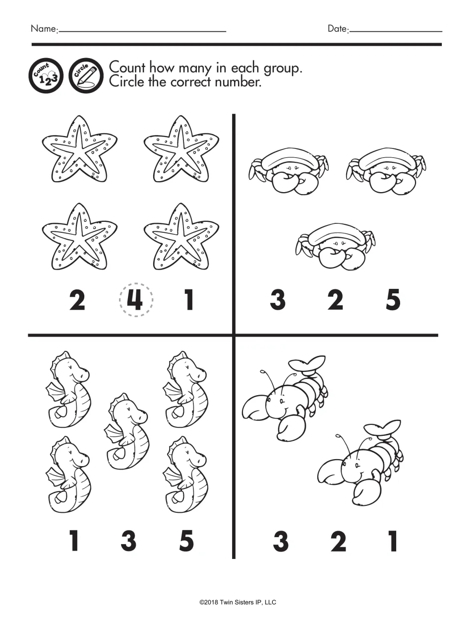 Sea creature counting: students count starfish, crabs, seahorses and lobsters in four sets and circle the correct number