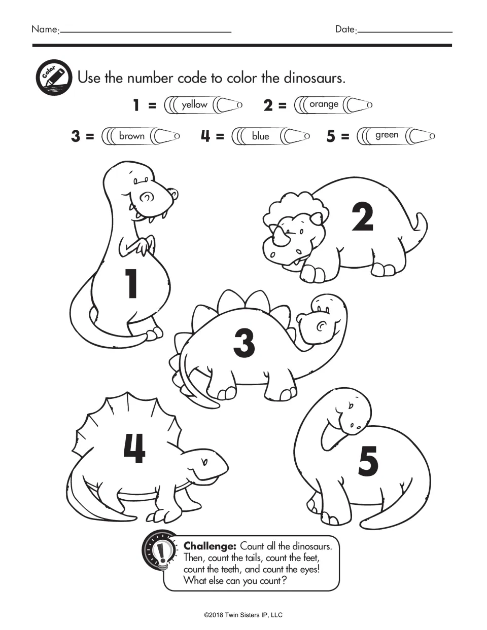 Color by number dinosaurs: students follow a code (1 yellow, 2 orange, 3 brown, 4 blue, 5 green) to color each dinosaur
