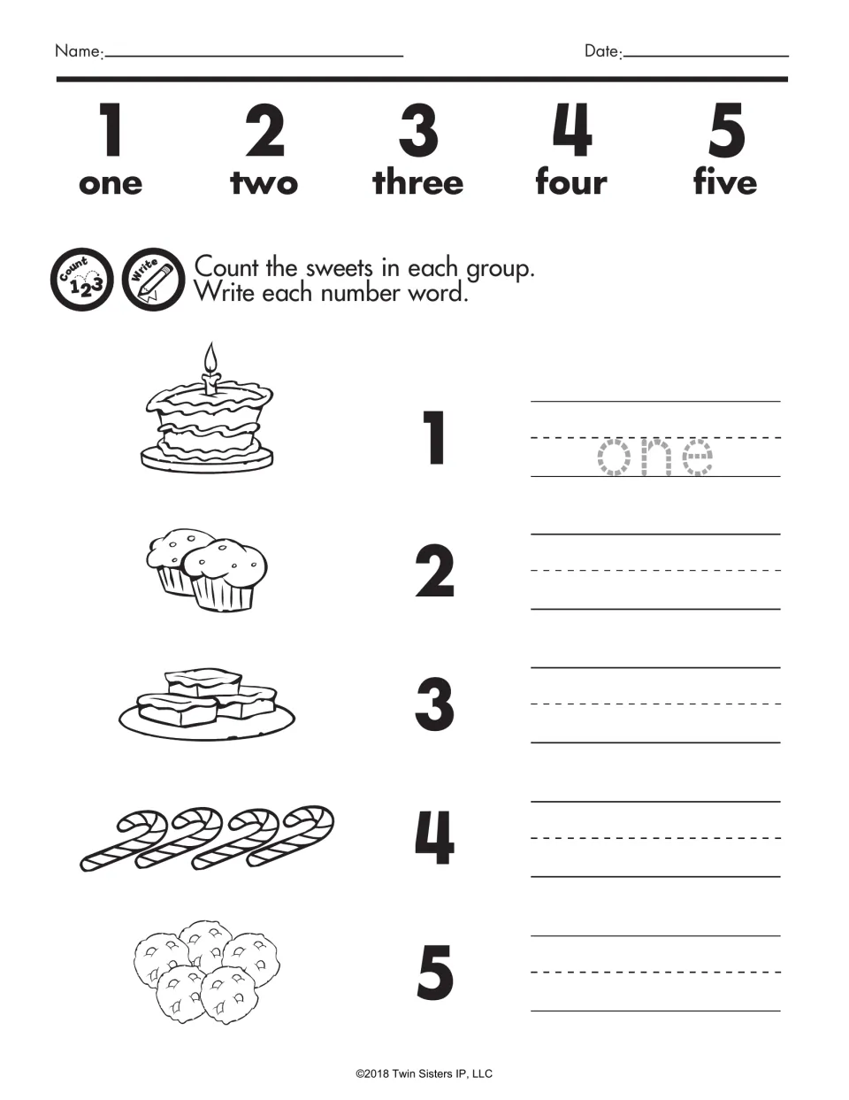 Number words one to five: students count groups of sweets such as cake, cupcakes and candy canes and write each number word