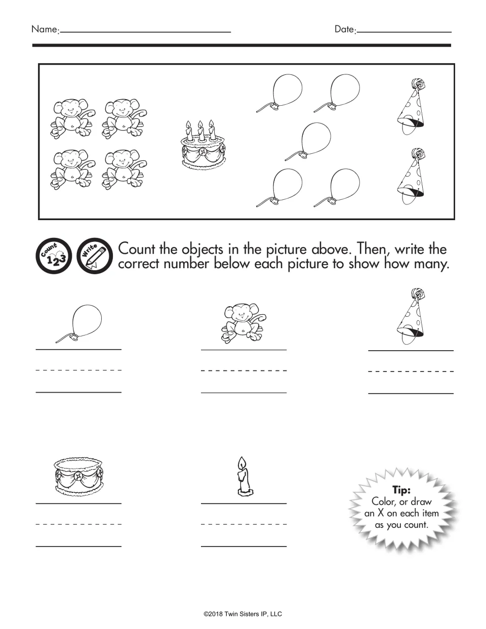 Party picture counting: students count monkeys, balloons, party hats, a cake and candles, then write how many of each