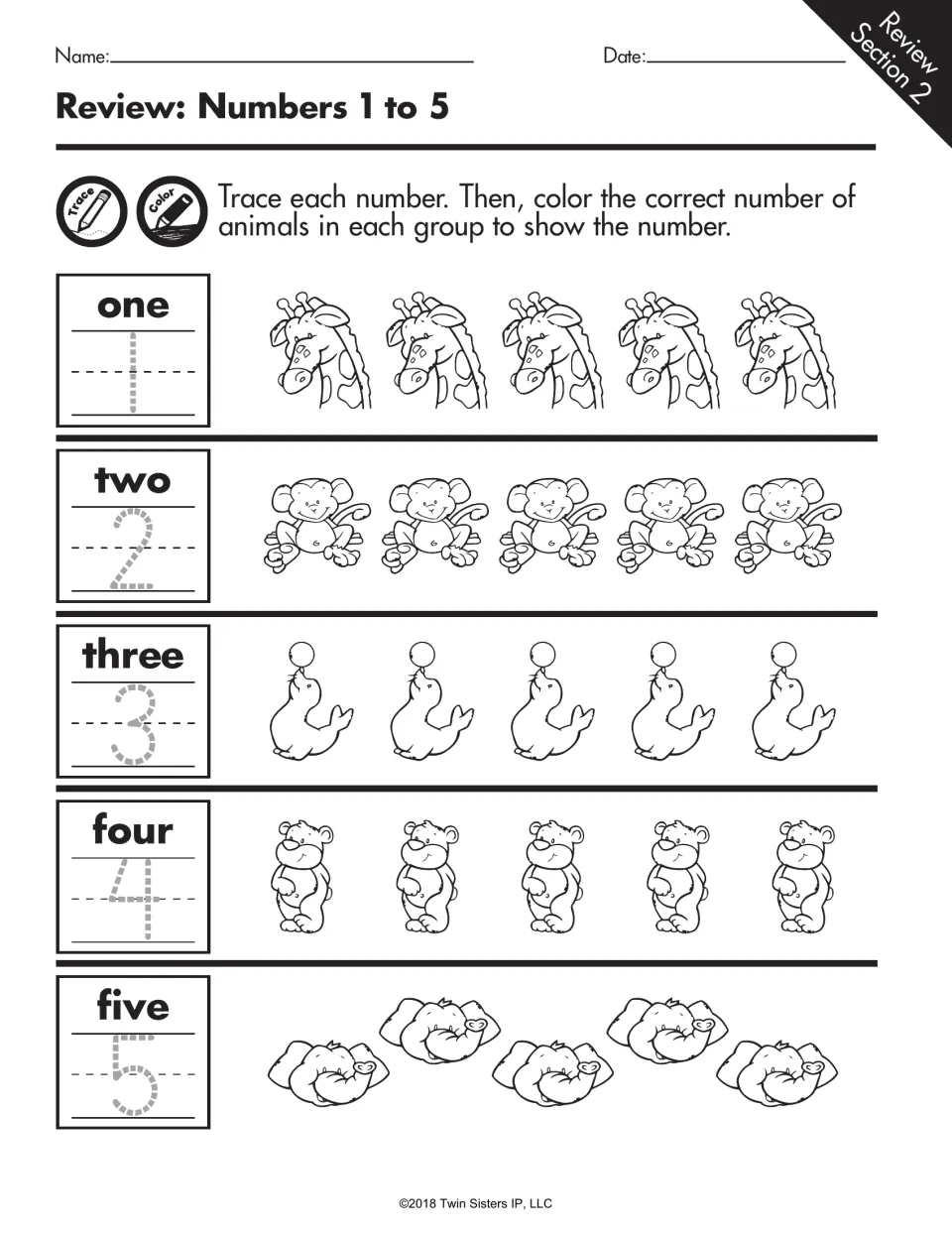 Review of numbers 1 to 5: students trace each numeral, then color that many giraffes, monkeys, seals, bears or elephants