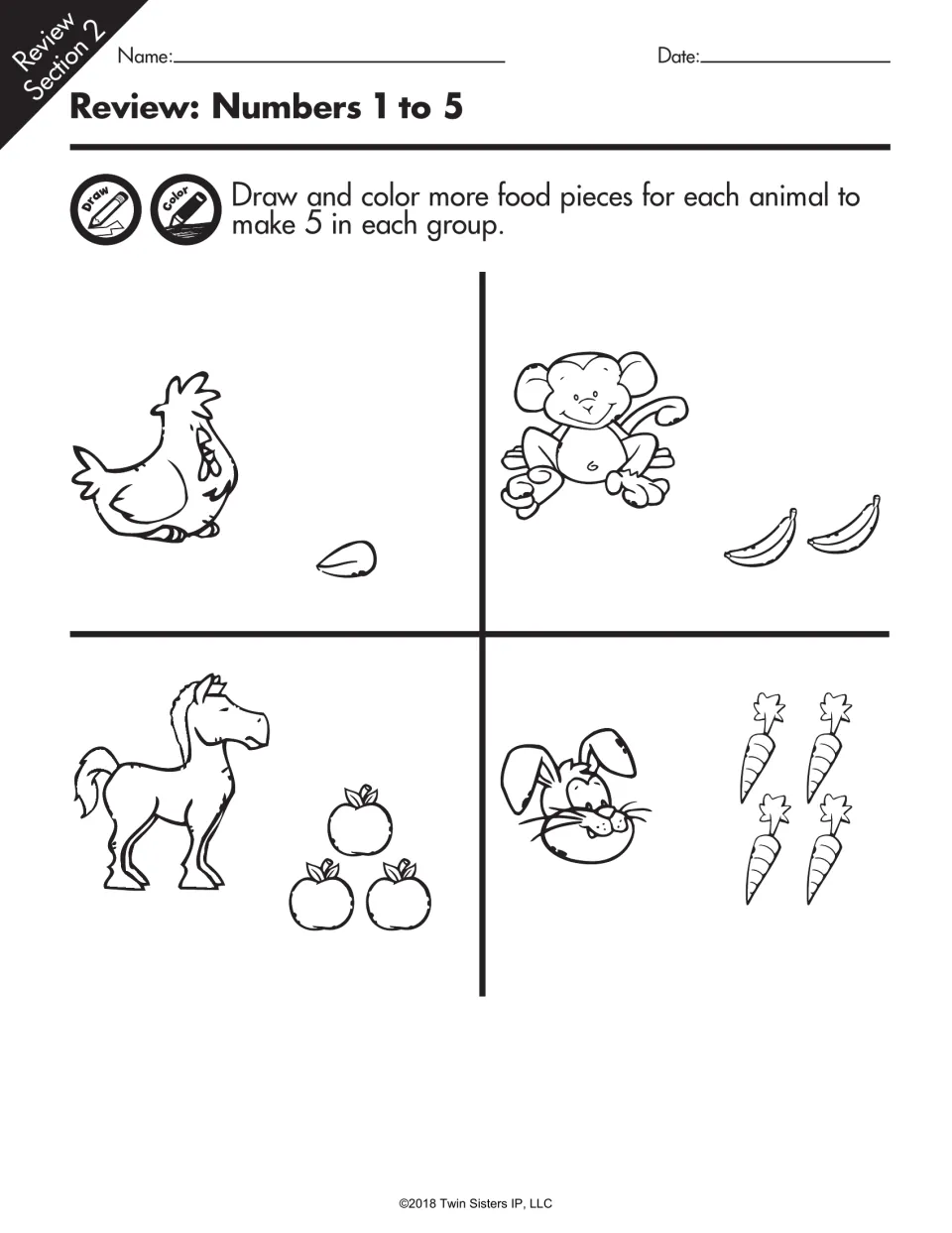 Making 5: students draw and color more food for a hen, monkey, horse and rabbit so each animal has five food pieces