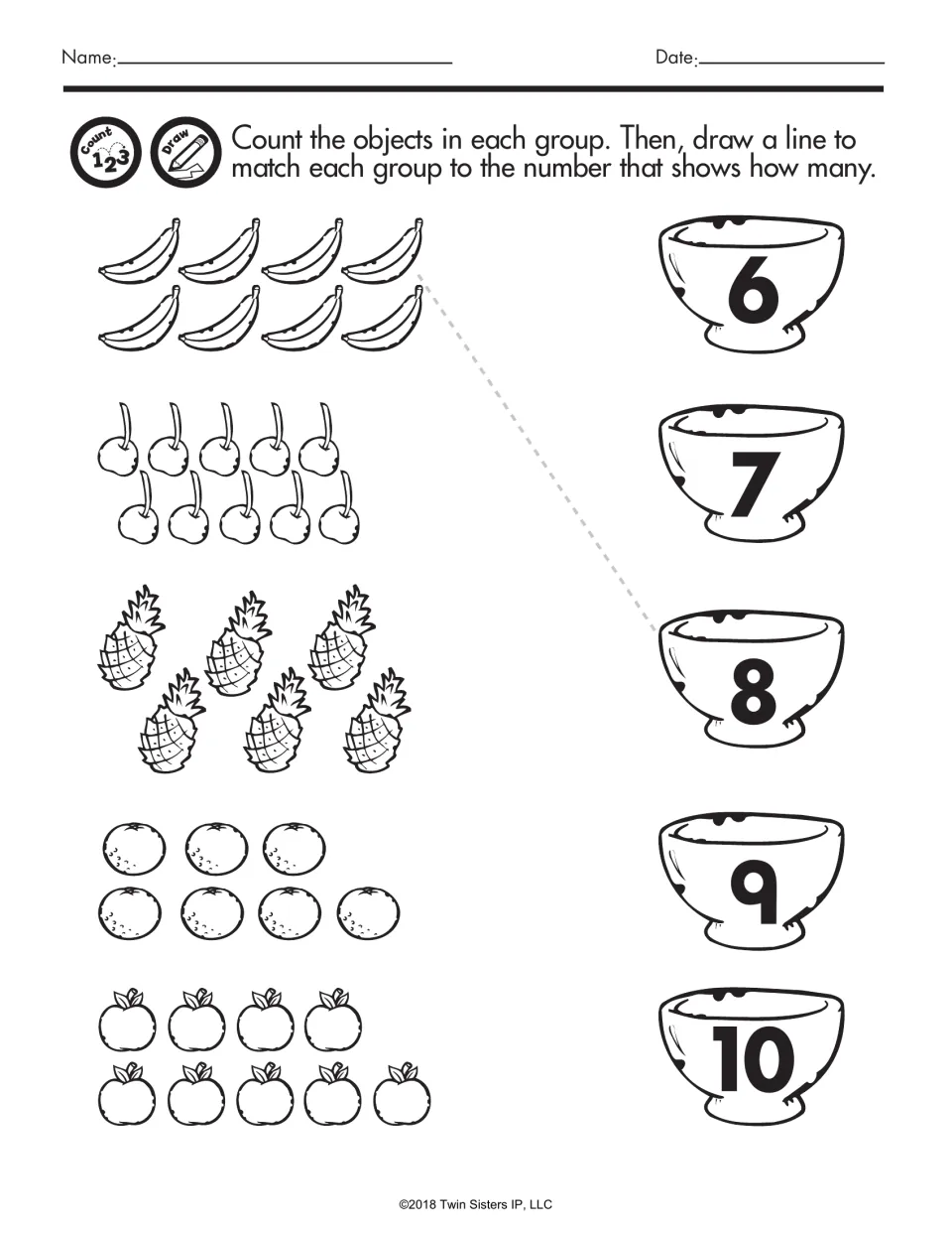 Counting fruit 6 to 10: students count bananas, cherries, pineapples, oranges and apples, then match them to numbered bowls