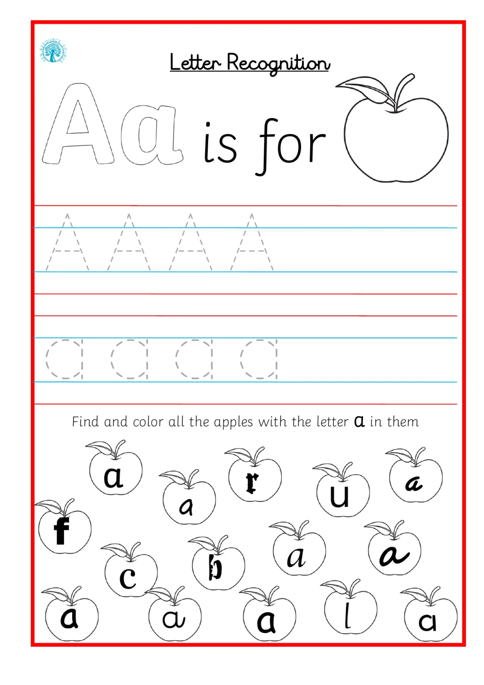 Letter Aa recognition: students trace A and a, then find and color the apples showing letter a among mixed letters