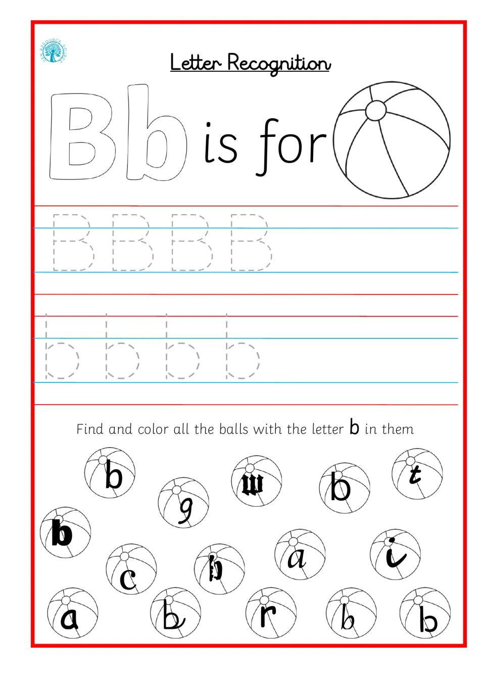 Letter Bb recognition: students trace B and b, then color every beach ball showing b, spotting it in different fonts