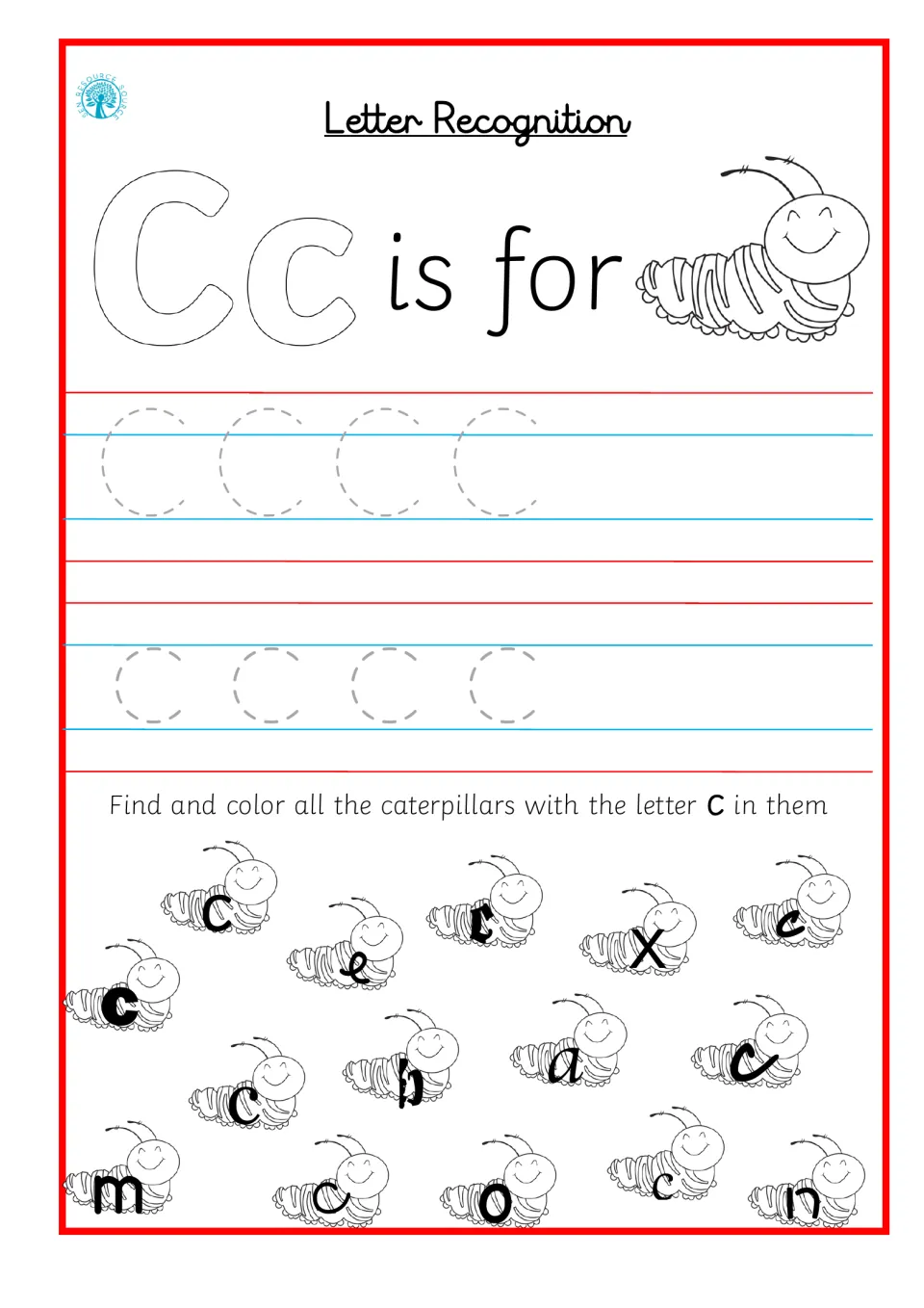 Letter Cc recognition: students trace C and c, then find and color the caterpillars that show the letter c
