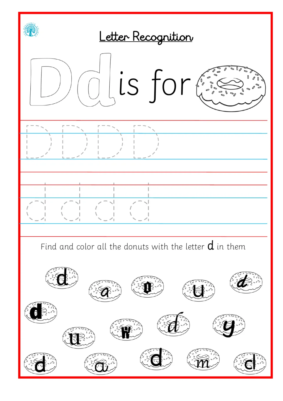 Letter Dd recognition: students trace D and d, then color each donut showing d while skipping a, o, u, w, y and m
