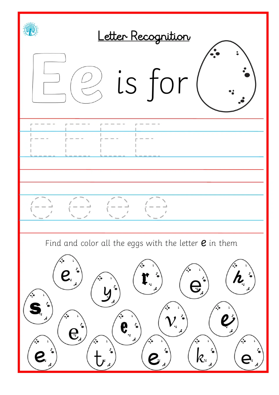 Letter Ee recognition: students trace E and e, then find and color the speckled eggs labeled with the letter e