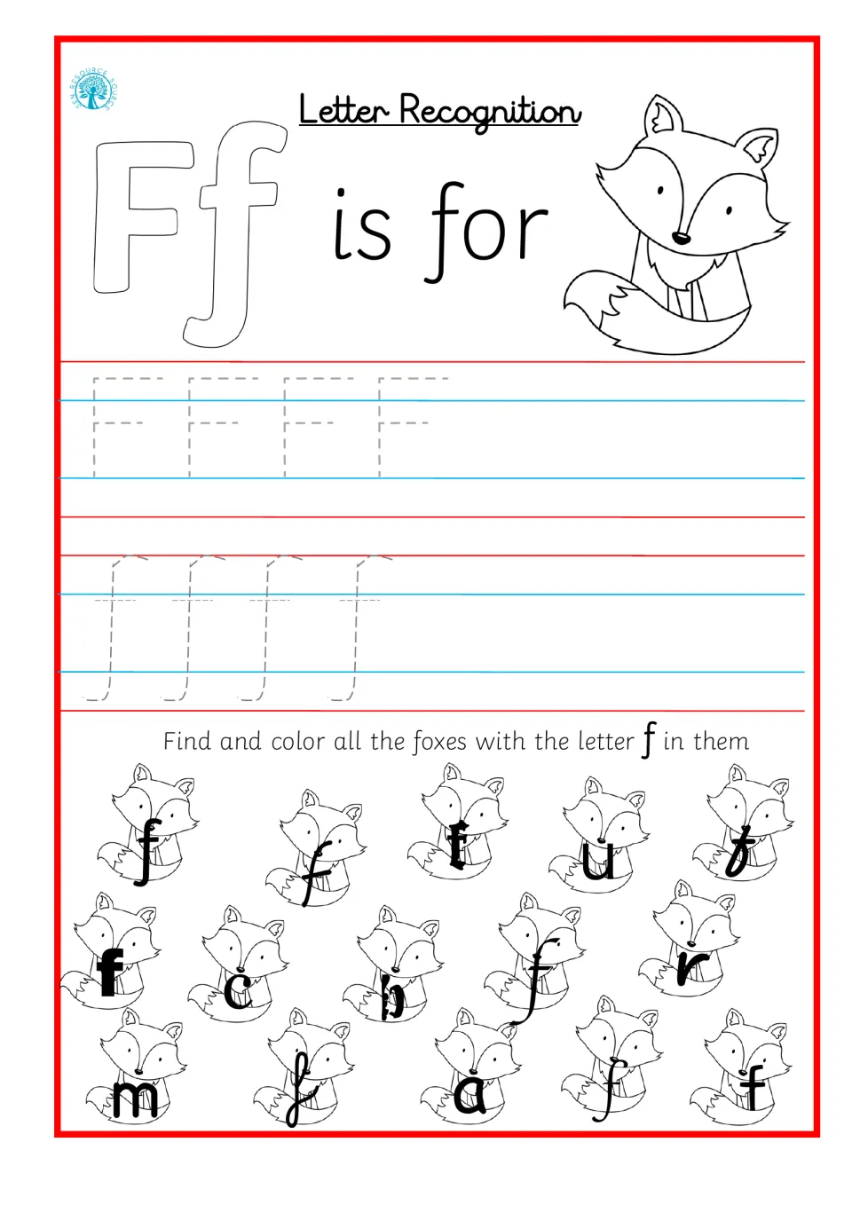 Letter Ff recognition: students trace F and f, then color the foxes showing f, written in several typefaces