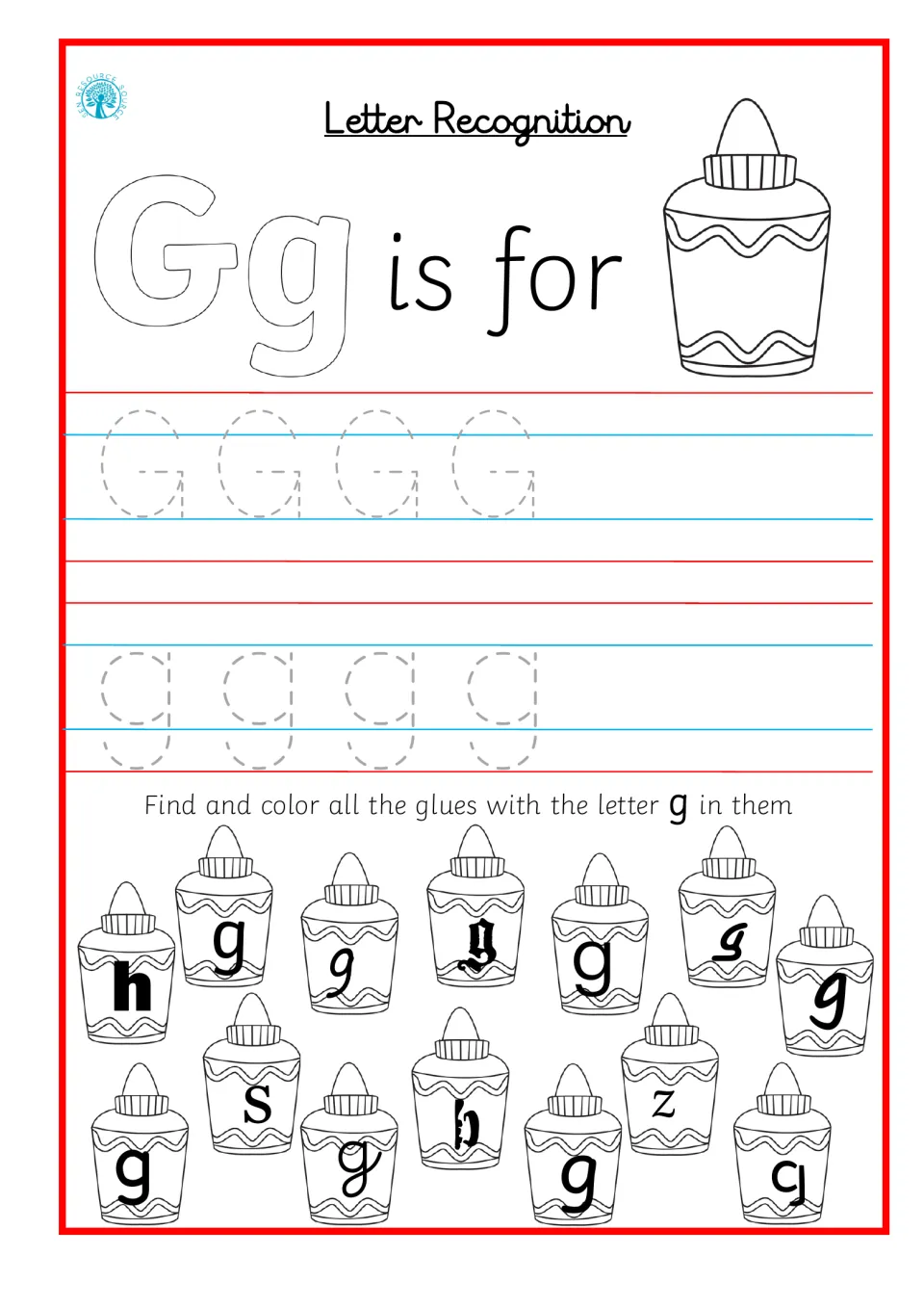 Letter Gg recognition: students trace G and g, then find and color the glue bottles that carry the letter g