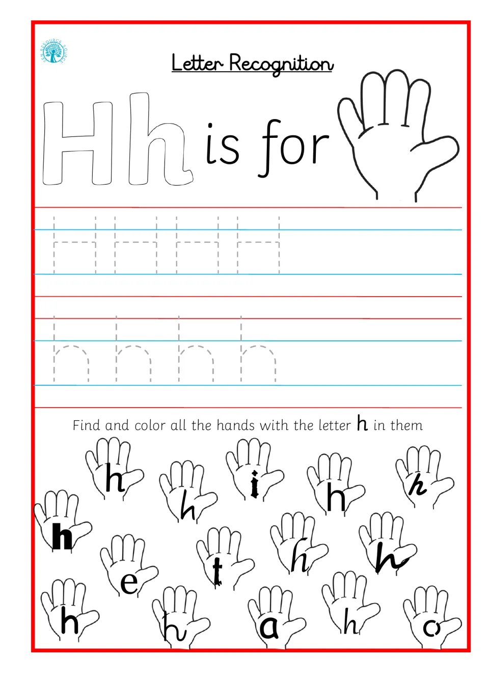 Letter Hh recognition: students trace H and h, then color the hands showing h and leave i, e, t, a and o blank
