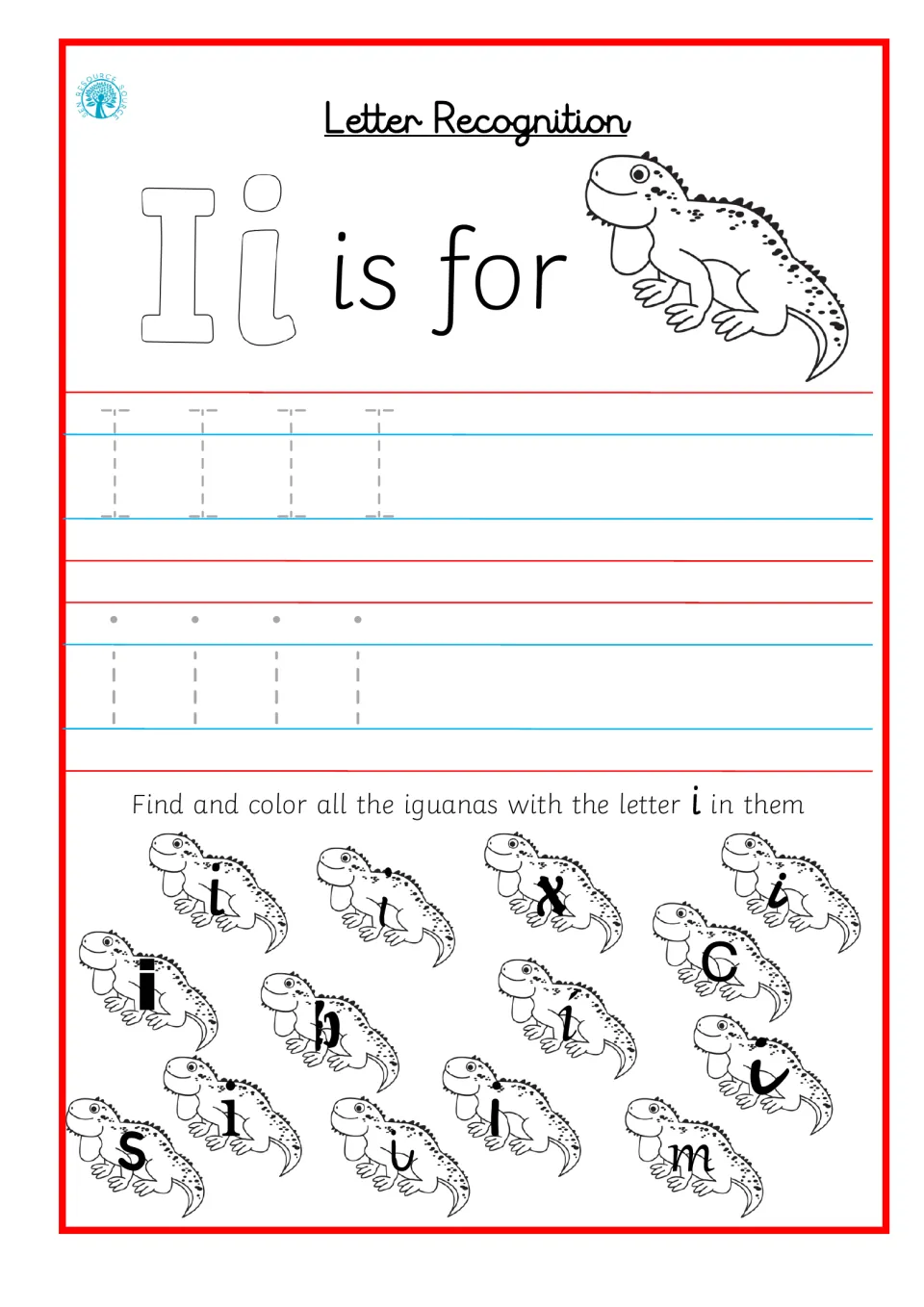 Letter Ii recognition: students trace I and i, then find and color the iguanas marked with the letter i