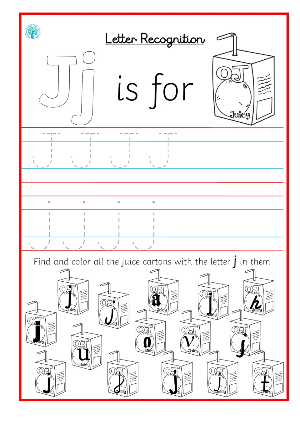Letter Jj recognition: students trace J and j, then color the OJ juice cartons that show the letter j