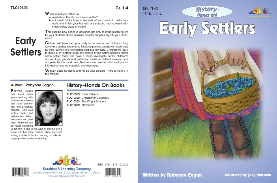 Front and back book covers identify grades 1–4, author Robynne Eagan, and activities about settler life.
