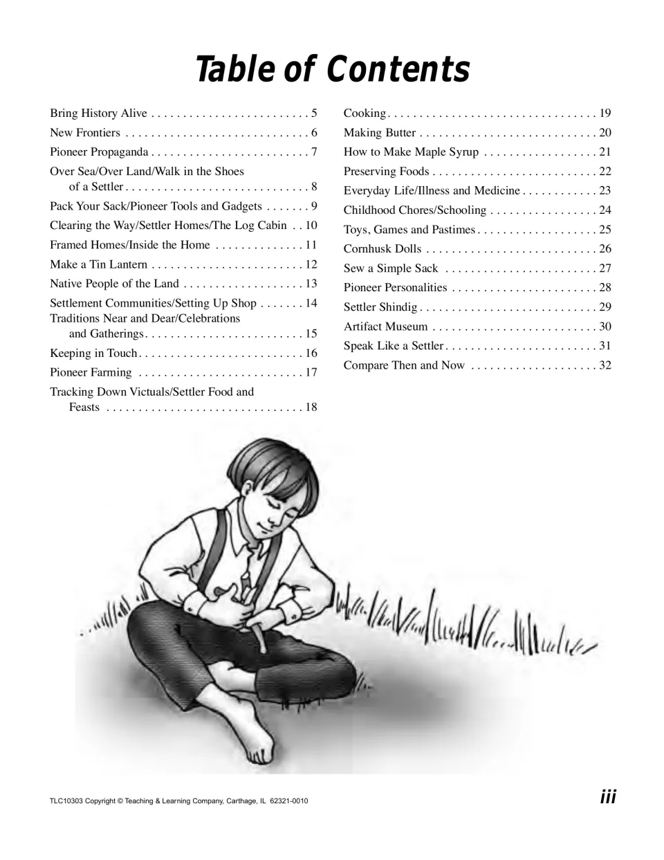 Table of contents lists lessons on settler travel, homes, food, chores, games, and projects on pages 5–32.