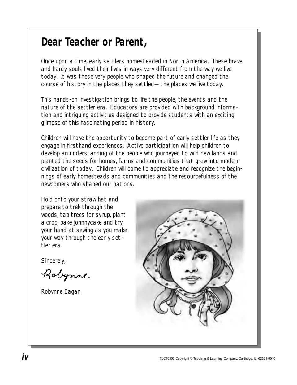 Teacher and parent introduction explains the book’s hands-on study of settler homes, farms, and communities.