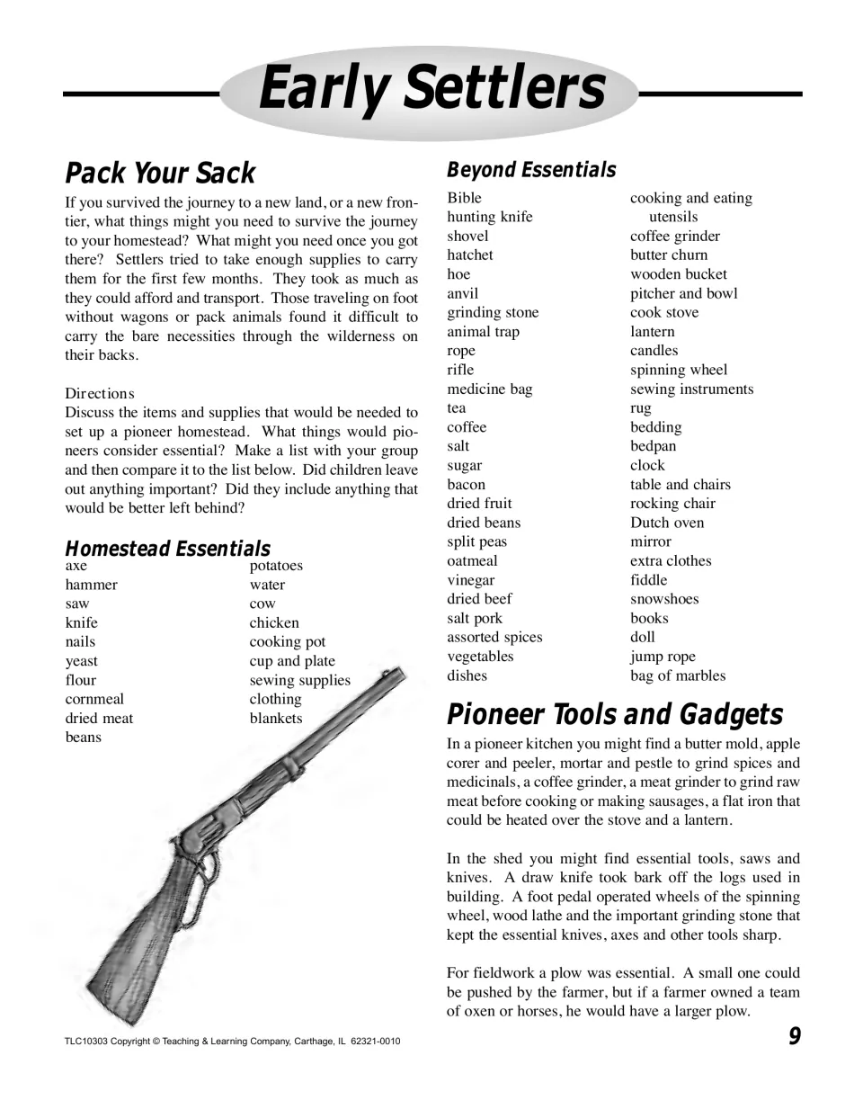Pack Your Sack lesson asks students to compare supply lists and introduces tools used in pioneer homes and farms.