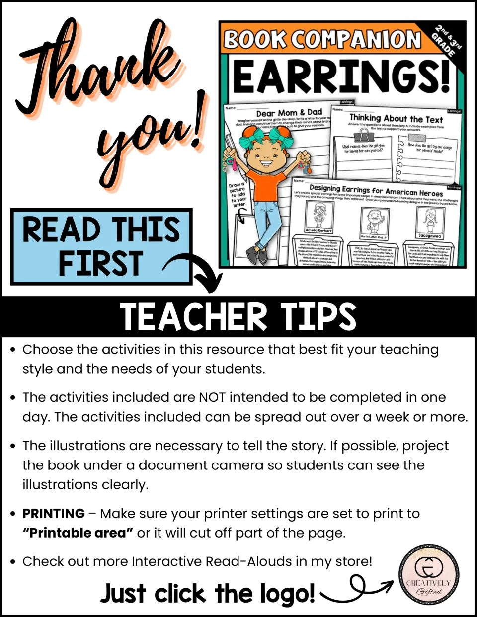 Teacher tips for the Earrings! book companion: spread activities over a week, project illustrations, set printable area