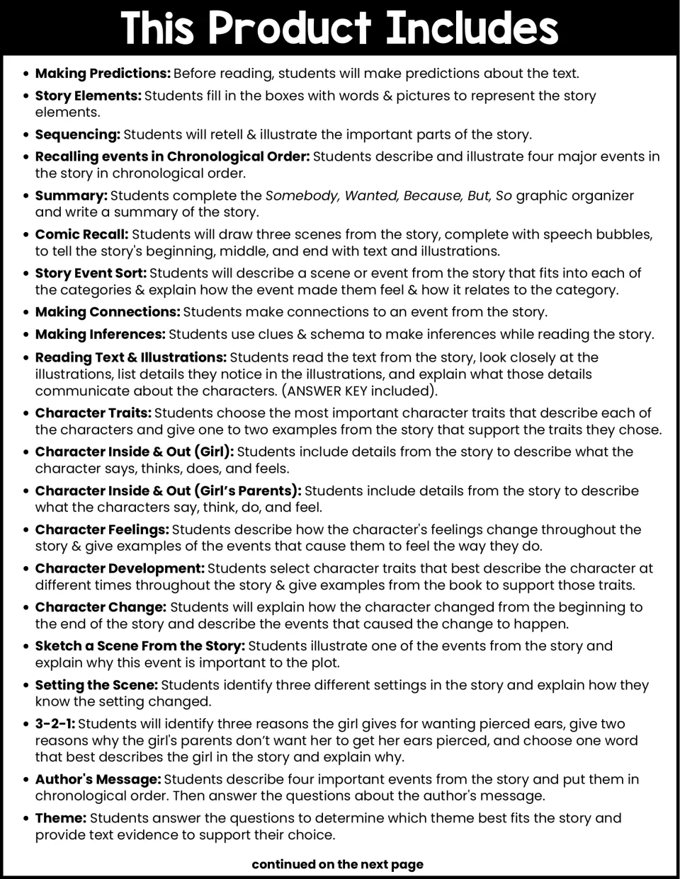Activity list, part 1: predictions, story elements, sequencing, summary, character traits, author's message and theme
