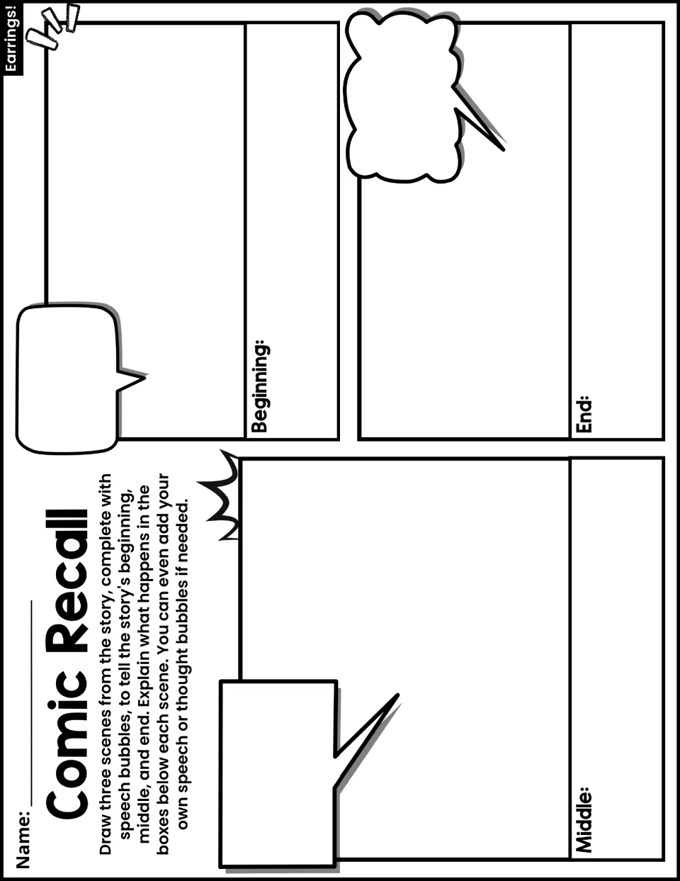 Comic Recall: students draw beginning, middle and end scenes with speech bubbles and explain each scene below