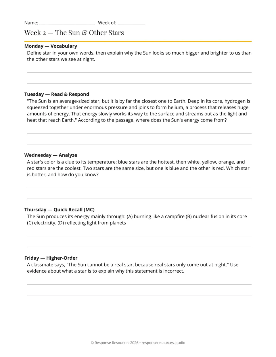 Week 2 bell-ringers: five daily prompts on the Sun, nuclear fusion, star colors, and stellar temperatures