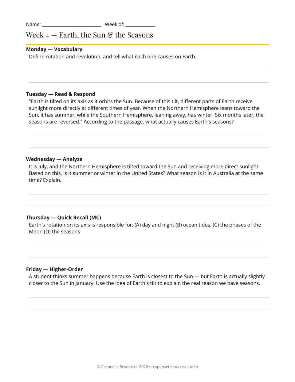 Week 4 bell-ringers: five daily prompts on rotation, revolution, Earth's tilt, seasons, and day and night