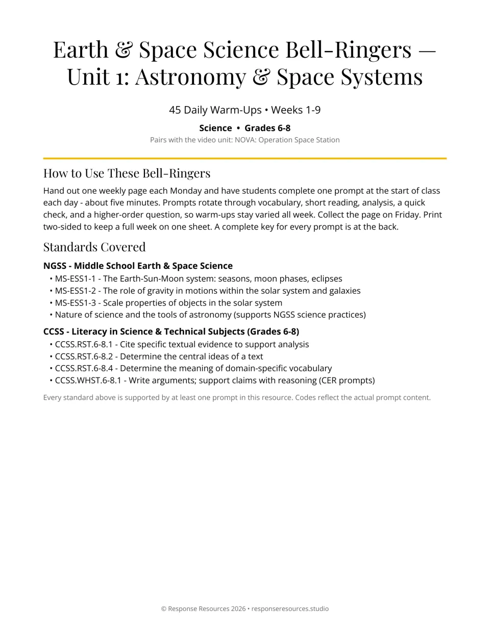 Cover and teacher guide for 45 astronomy bell-ringers over nine weeks, with directions and standards