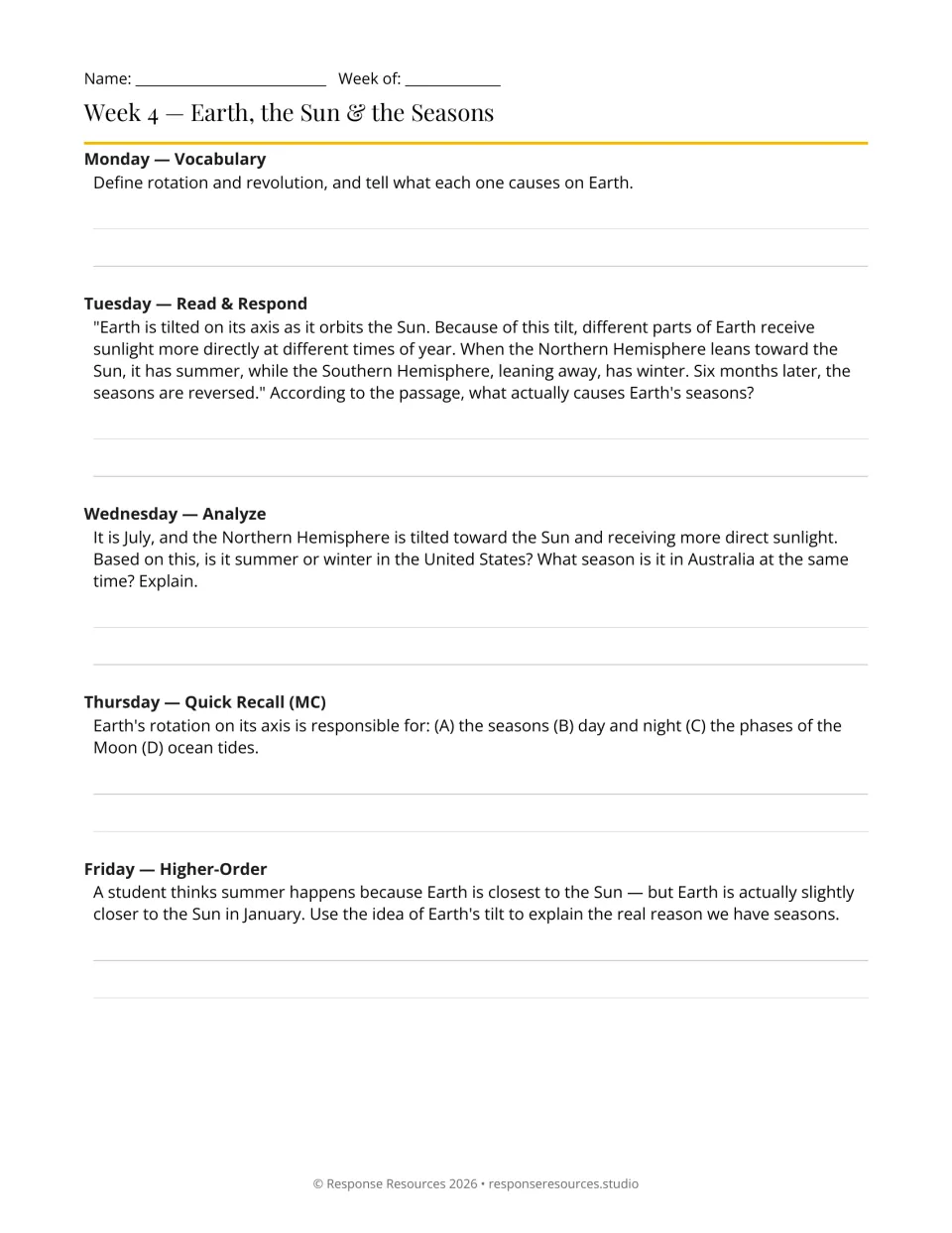 Week 4 bell-ringers: five prompts on rotation, revolution, Earth's tilt, and opposite hemisphere seasons