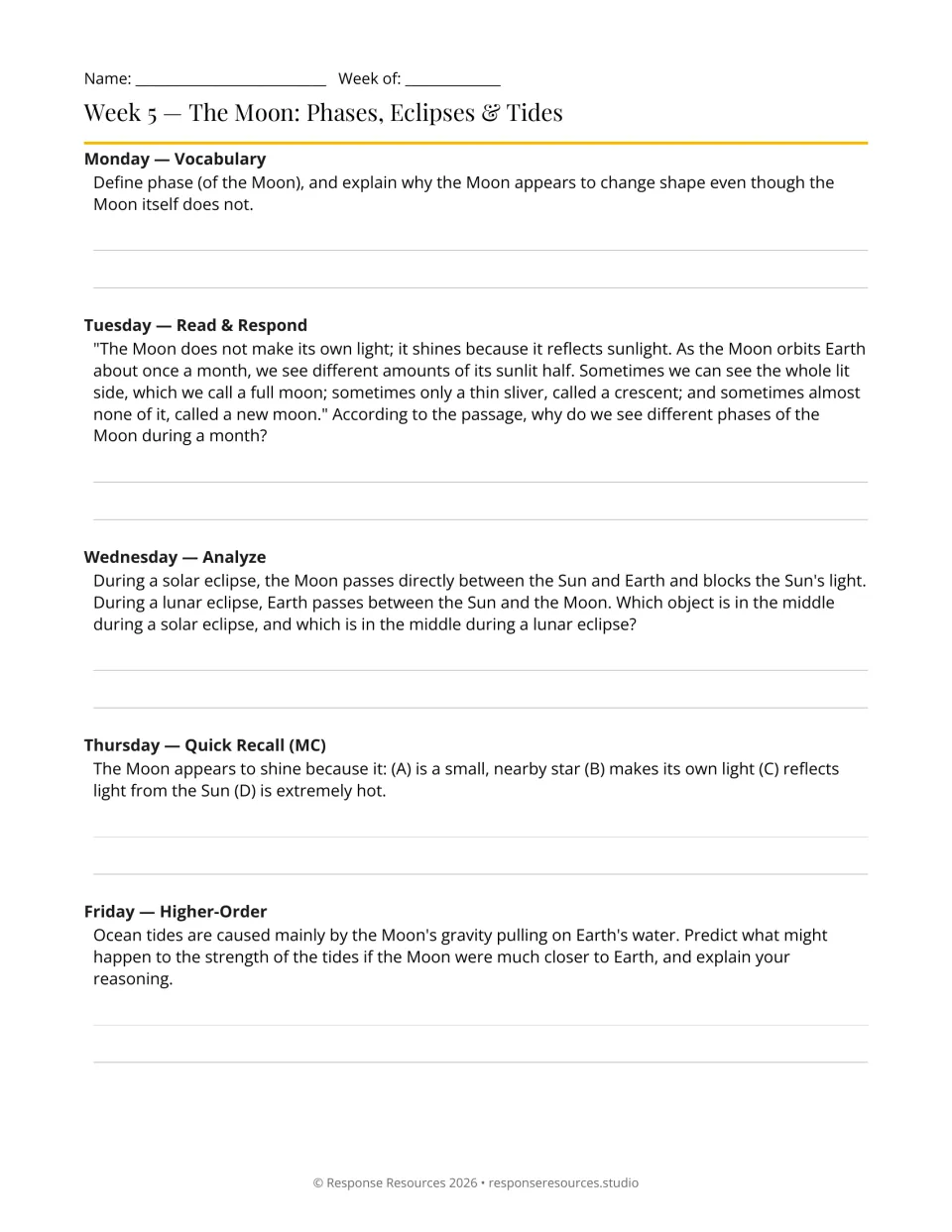 Week 5 bell-ringers: five prompts on Moon phases, reflected sunlight, solar and lunar eclipses, and tides