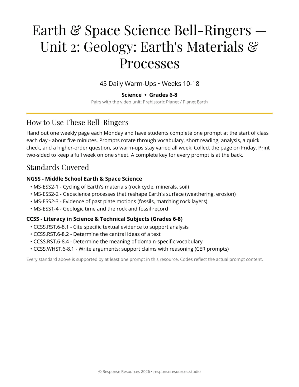 Geology bell-ringers title page: 45 daily warm-ups for weeks 10-18, how-to-use steps and NGSS and CCSS standards list