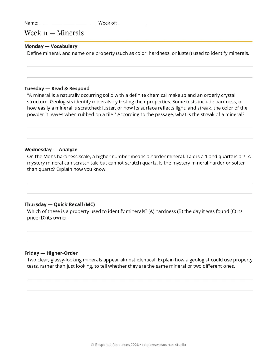 Minerals, week 11: students define mineral, read about streak and luster, and use Mohs hardness to compare talc and quartz