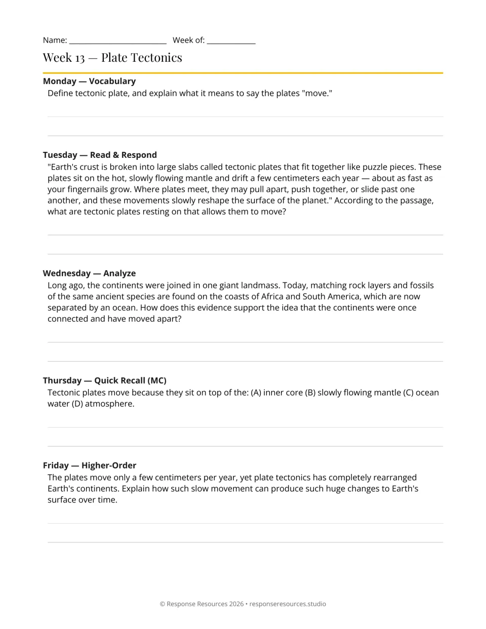 Plate tectonics, week 13: students define tectonic plate and use matching fossils on Africa and South America as evidence