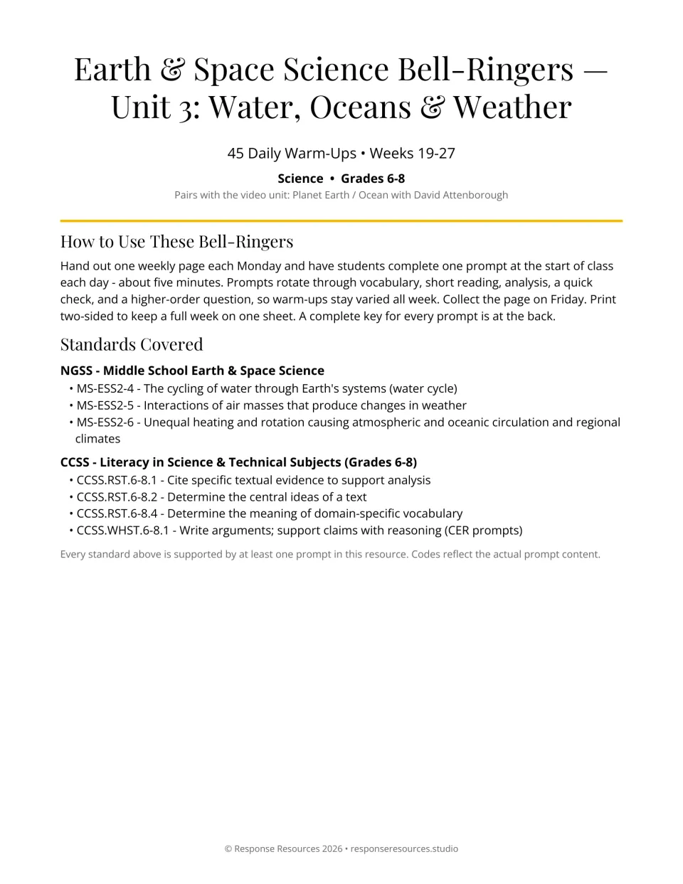 Unit 3: Water, Oceans & Weather title page with 45 daily warm-ups, how-to-use steps and NGSS and CCSS standards list