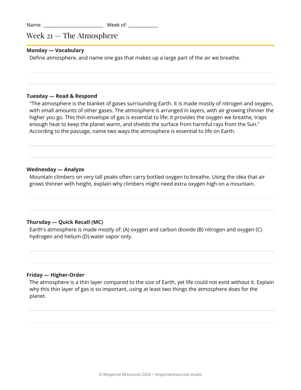 Week 21 atmosphere: students name its main gases, explain why climbers carry bottled oxygen, and why it matters