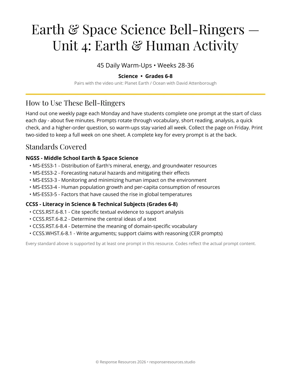 Unit 4: Earth & Human Activity bell-ringers title page: how to use the weekly sheets, plus NGSS MS-ESS3 and CCSS standards