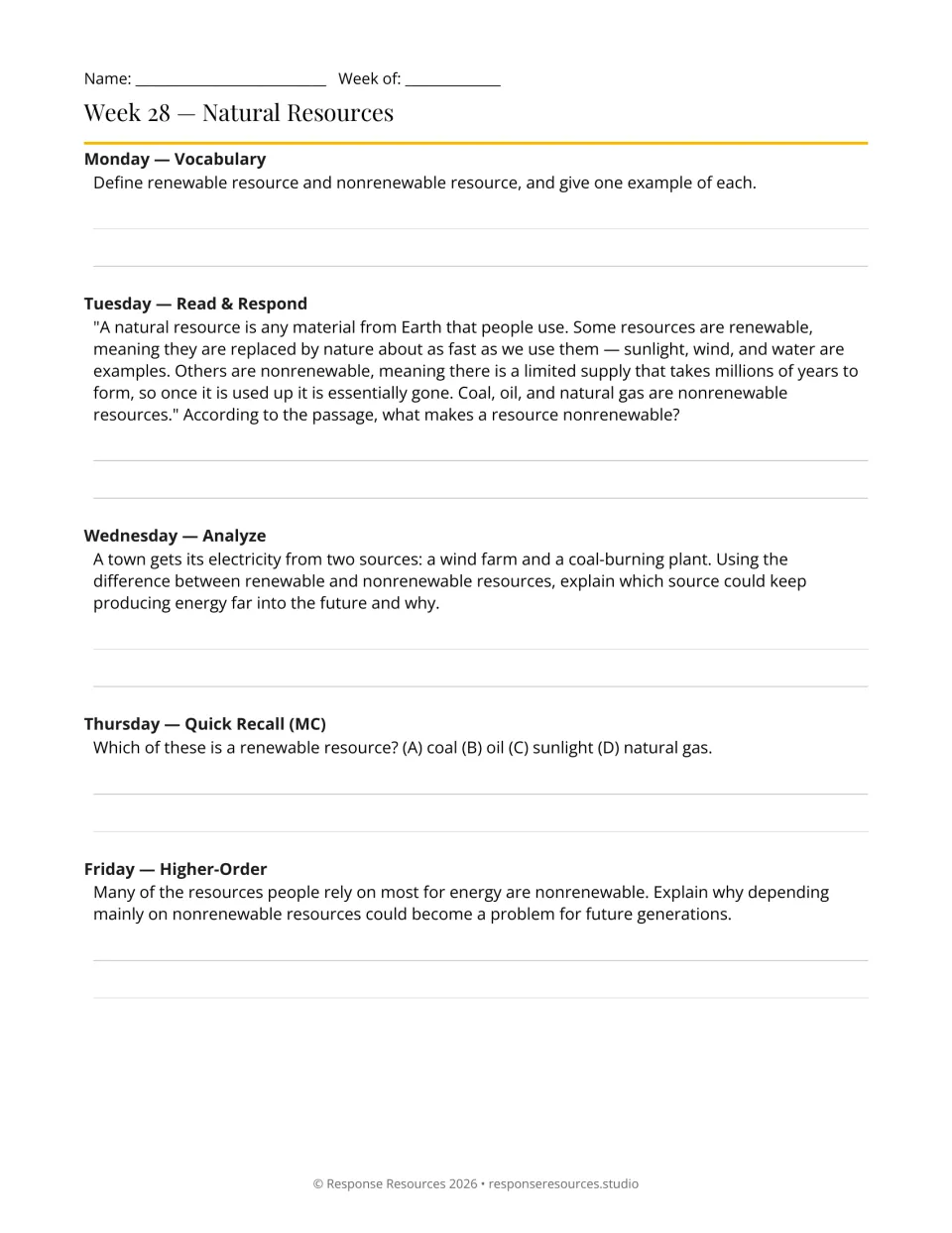 Week 28 natural resources: students define renewable vs nonrenewable, read a passage, and compare wind and coal power