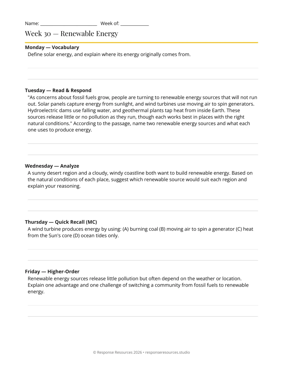 Week 30 renewable energy: students define solar energy and match solar or wind power to a desert and a windy coast
