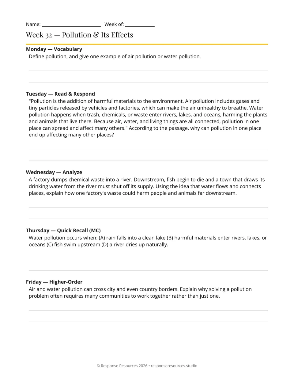 Week 32 pollution and its effects: students define pollution and explain how factory waste harms a town downstream