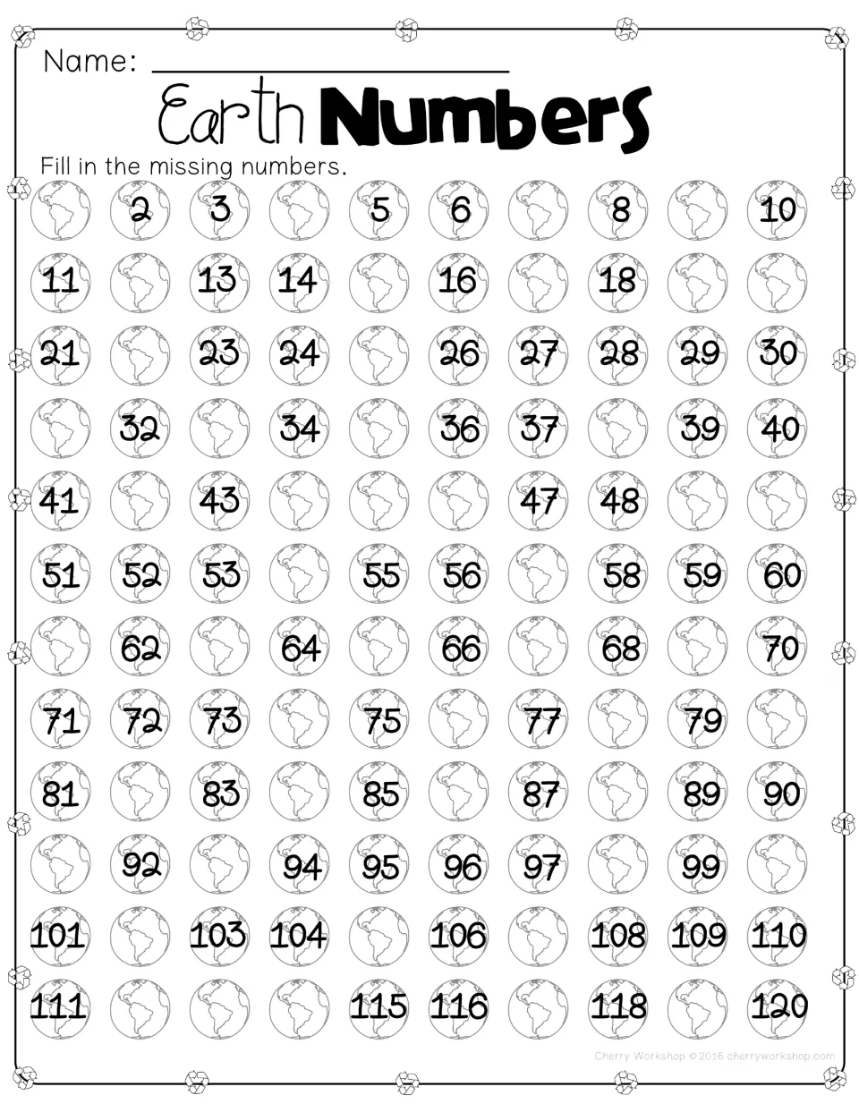 Missing-number worksheet: Earth Numbers counting practice from 1 to 120, with missing numbers to fill in.