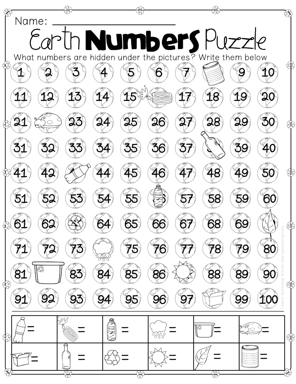 Earth Numbers Puzzle worksheet: identify 12 numbers hidden by Earth Day pictures in the sequence 1–100.
