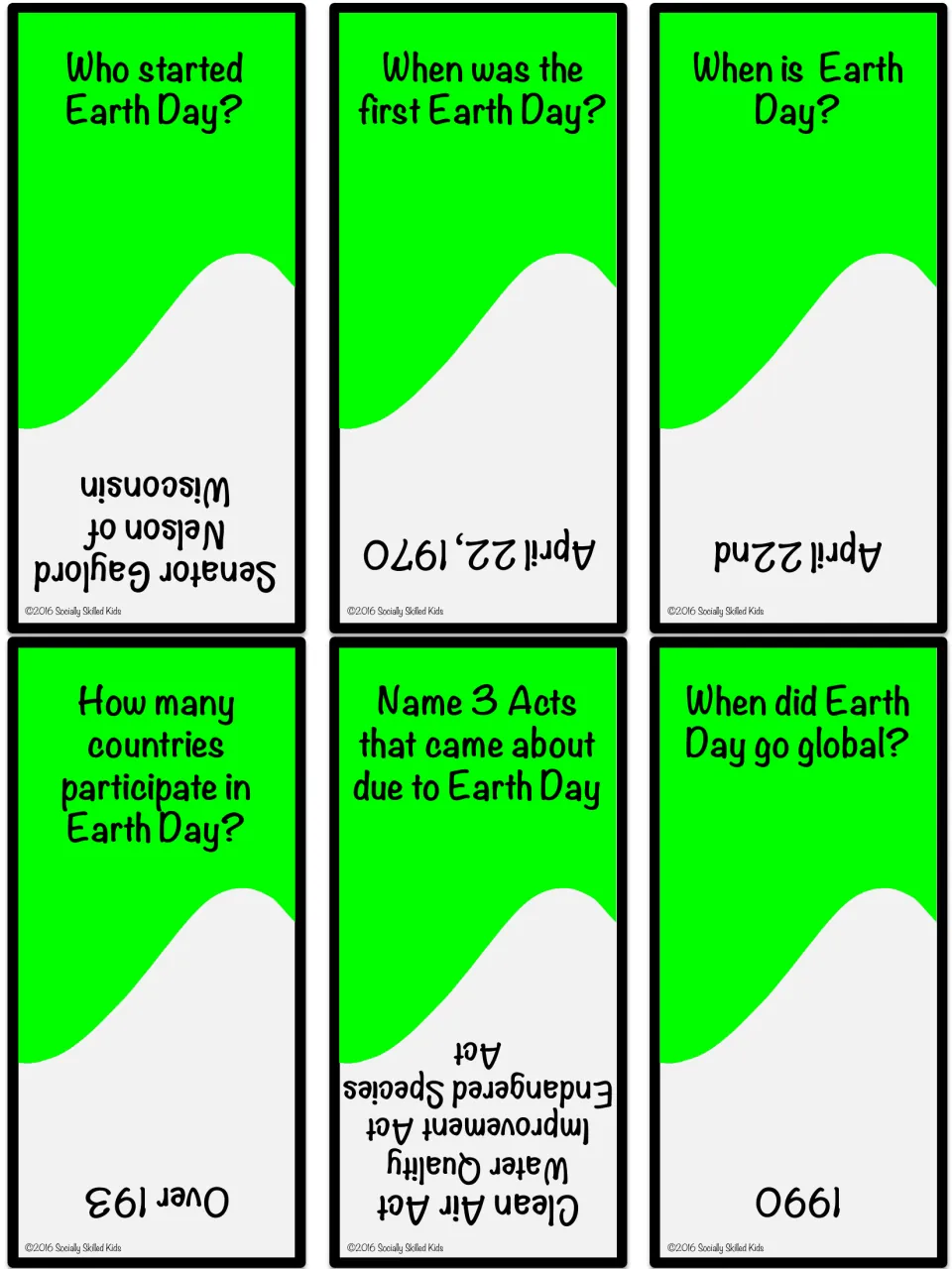 Six green Earth Day trivia cards asking who started it, the first date and when it went global, with answers upside down