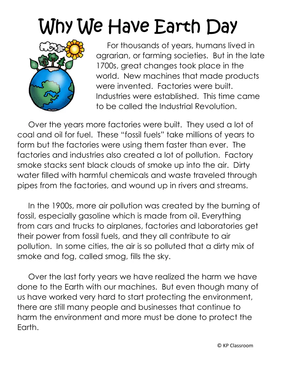 Why We Have Earth Day reading passage on the Industrial Revolution, fossil fuels, factory pollution and smog in cities