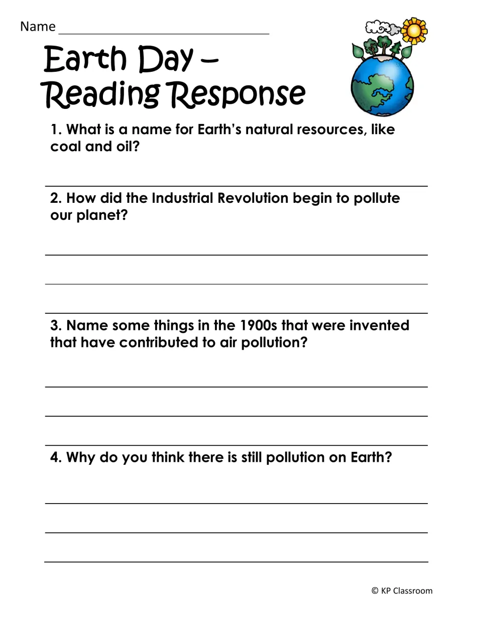 Earth Day reading response: students answer 4 questions on fossil fuels, Industrial Revolution pollution and air pollution